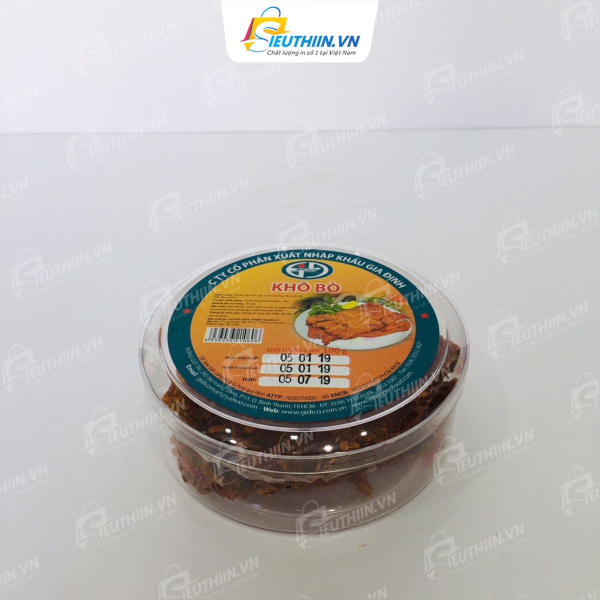 Tem khô bò tròn dán hộp nhựa