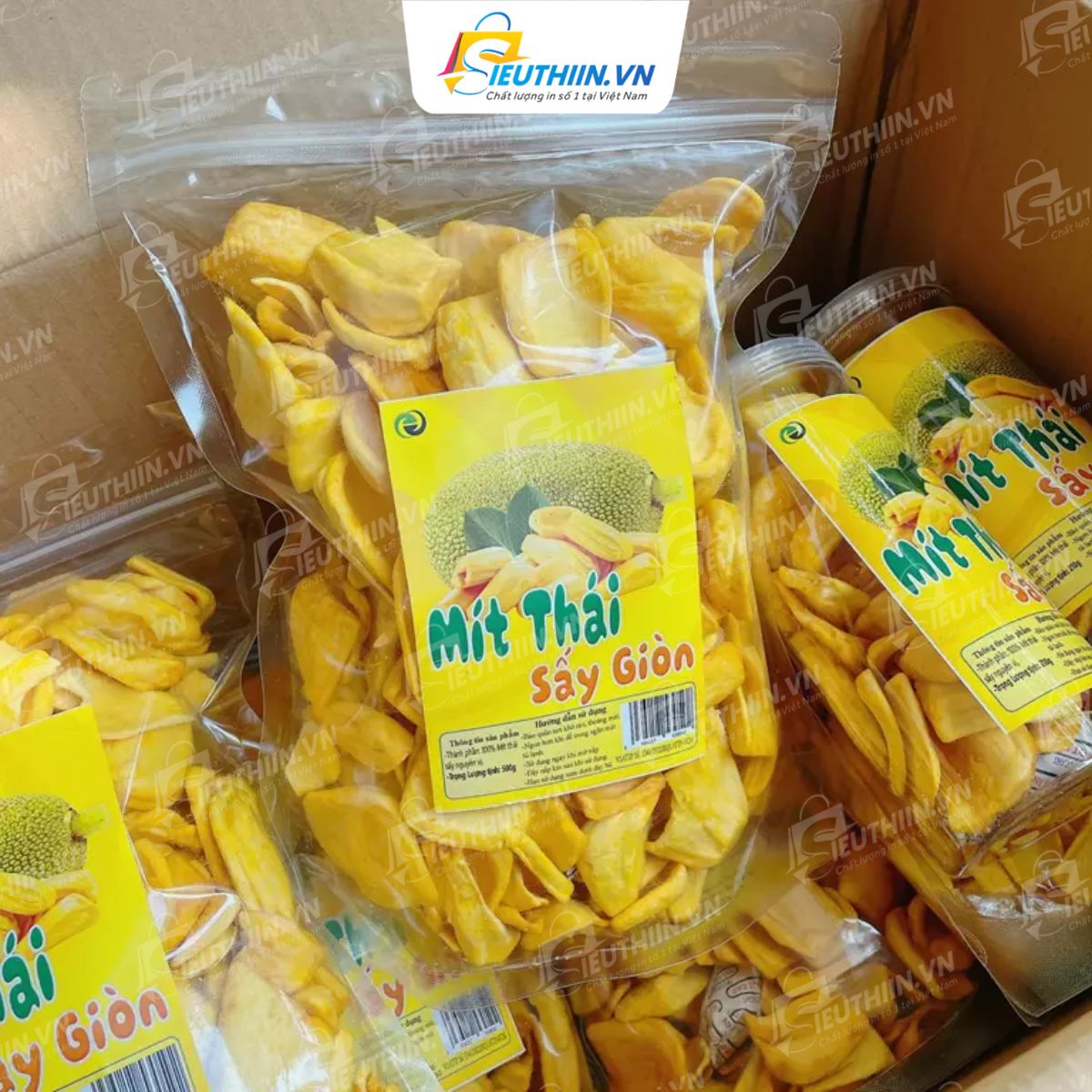 Tem chủ nhật dán túi mít sấy